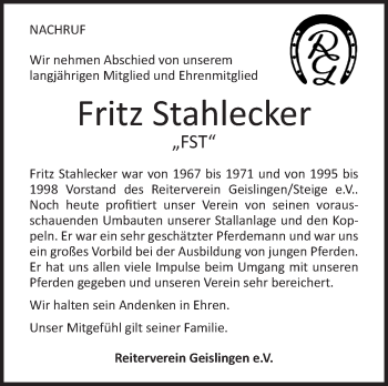 Traueranzeige von Fritz Stahlecker von Geislinger Zeitung