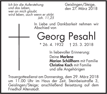 Traueranzeige von Georg Pesahl von Geislinger Zeitung