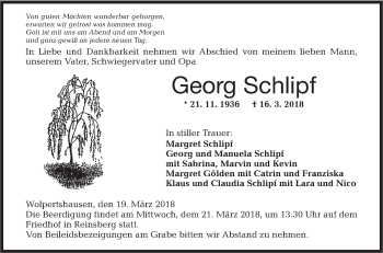 Traueranzeige von Georg Schlipf von Haller Tagblatt