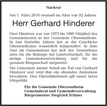 Traueranzeige von Gerhard Hinderer von Haller Tagblatt