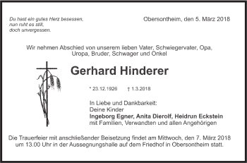 Traueranzeige von Gerhard Hinderer von Haller Tagblatt