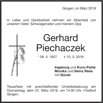 Traueranzeige von Gerhard Piechaczek von NWZ Neue Württembergische Zeitung/Geislinger Zeitung