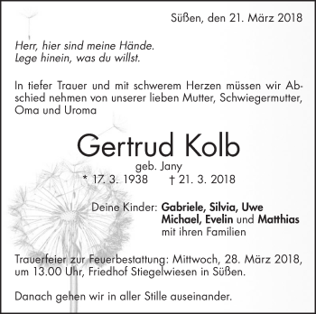 Traueranzeige von Gertrud Kolb von NWZ Neue Württembergische Zeitung