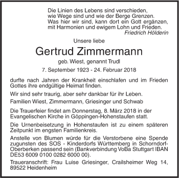 Traueranzeige von Gertrud Zimmermann von SÜDWEST PRESSE Ausgabe Ulm/Neu-Ulm