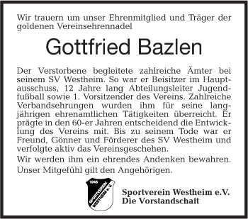 Traueranzeige von Gottfried Bazlen von Haller Tagblatt