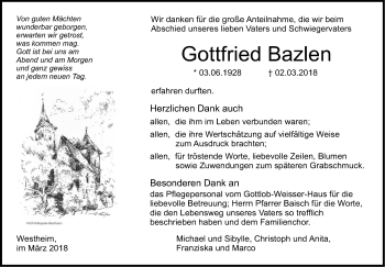 Traueranzeige von Gottfried Bazlen von Haller Tagblatt