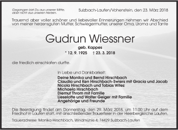 Traueranzeige von Gudrun Wiessner von Rundschau Gaildorf