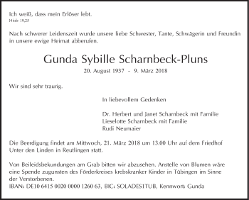 Traueranzeige von Gunda Sybille Scharnbeck-Pluns von Metzinger-Uracher Volksblatt