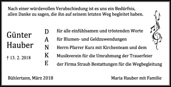 Traueranzeige von Günter Hauber von Haller Tagblatt