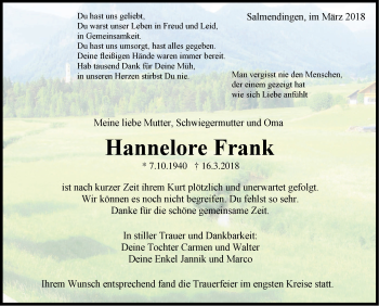 Traueranzeige von Hannelore Frank von Hohenzollerische Zeitung