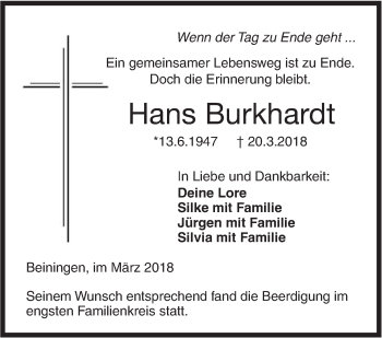 Traueranzeige von Hans Burkhardt von SÜDWEST PRESSE Ausgabe Ulm/Neu-Ulm