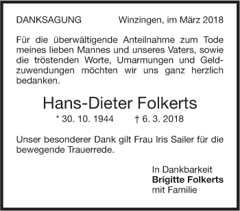 Traueranzeige von Hans-Dieter Folkerts von NWZ Neue Württembergische Zeitung