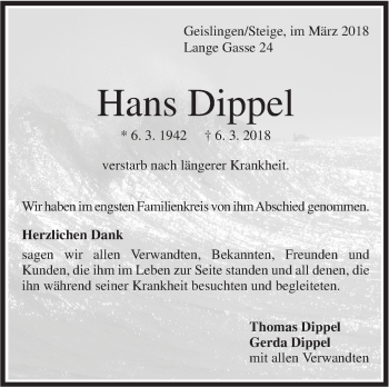 Traueranzeige von Hans Dippel von Geislinger Zeitung