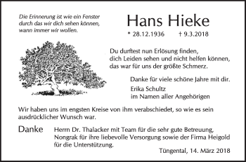 Traueranzeige von Hans Hieke von Haller Tagblatt