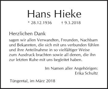 Traueranzeige von Hans Hieke von Haller Tagblatt