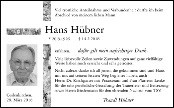 Traueranzeige von Hans Hübner von Haller Tagblatt