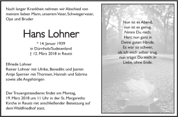 Traueranzeige von Hans Lohner von SÜDWEST PRESSE Ausgabe Ulm/Neu-Ulm