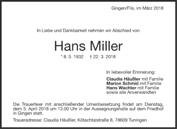 Traueranzeige von Hans Miller von NWZ Neue Württembergische Zeitung/Geislinger Zeitung