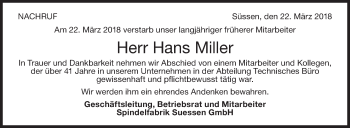 Traueranzeige von Hans Miller von NWZ Neue Württembergische Zeitung