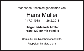 Traueranzeige von Hans Müller von SÜDWEST PRESSE