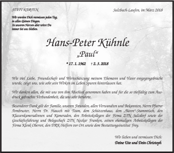 Traueranzeige von Hans-Peter Kühnle von Rundschau Gaildorf