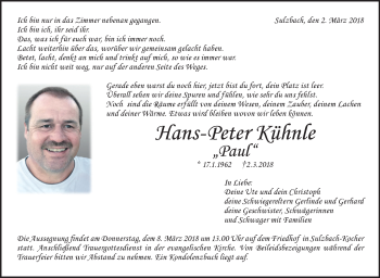 Traueranzeige von Hans-Peter Kühnle von Rundschau Gaildorf