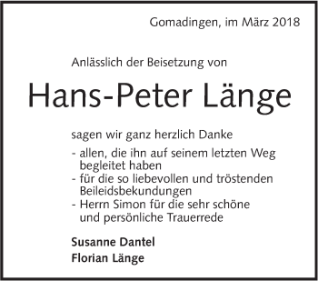 Traueranzeige von Hans-Peter Länge von Alb-Bote/Metzinger-Uracher Volksblatt