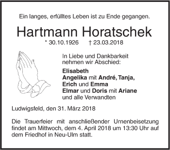 Traueranzeige von Hartmann Horatschek von SÜDWEST PRESSE Ausgabe Ulm/Neu-Ulm