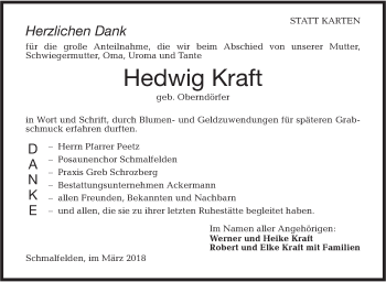 Traueranzeige von Hedwig Kraft von Hohenloher Tagblatt