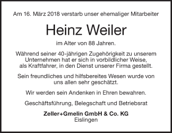 Traueranzeige von Heinz Weiler von NWZ Neue Württembergische Zeitung