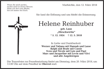 Traueranzeige von Helene Reinhuber von Rundschau Gaildorf