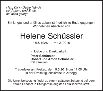 Traueranzeige von Helene Schüssler von SÜDWEST PRESSE Ausgabe Ulm/Neu-Ulm