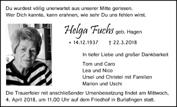 Traueranzeige von Helga Fuchs von SÜDWEST PRESSE Ausgabe Ulm/Neu-Ulm