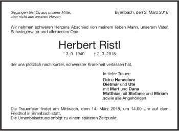 Traueranzeige von Herbert Ristl von NWZ Neue Württembergische Zeitung