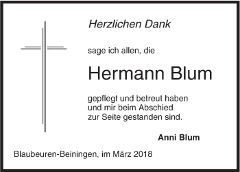 Traueranzeige von Hermann Blum von SÜDWEST PRESSE Ausgabe Ulm/Neu-Ulm