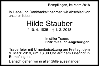 Traueranzeige von Hilde Stauber von Metzinger-Uracher Volksblatt