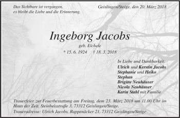 Traueranzeige von Ingeborg Jacobs von Geislinger Zeitung