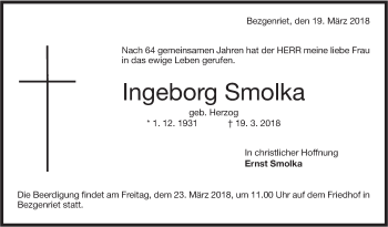 Traueranzeige von Ingeborg Smolka von NWZ Neue Württembergische Zeitung