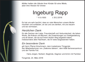 Traueranzeige von Ingeburg Rapp von Haller Tagblatt