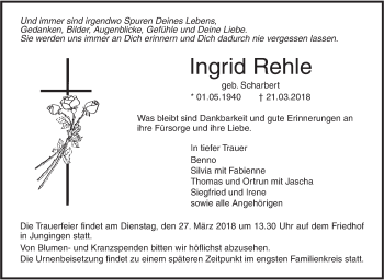 Traueranzeige von Ingrid Rehle von SÜDWEST PRESSE Ausgabe Ulm/Neu-Ulm