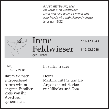 Traueranzeige von Irene Feldwieser von SÜDWEST PRESSE Ausgabe Ulm/Neu-Ulm