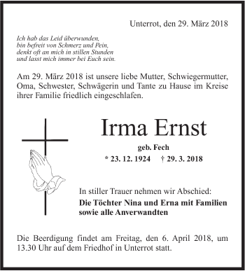 Traueranzeige von Irma Ernst von Rundschau Gaildorf