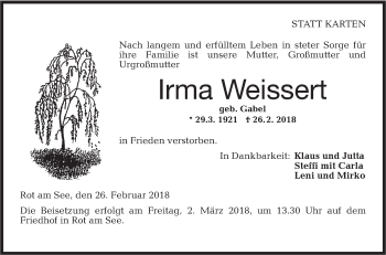 Traueranzeige von Irma Weissert von Hohenloher Tagblatt