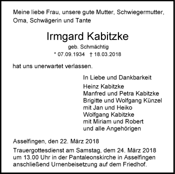 Traueranzeige von Irmgard Kabitzke von SÜDWEST PRESSE Ausgabe Ulm/Neu-Ulm