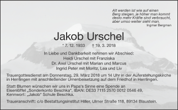 Traueranzeige von Jakob Urschel von SÜDWEST PRESSE Ausgabe Ulm/Neu-Ulm