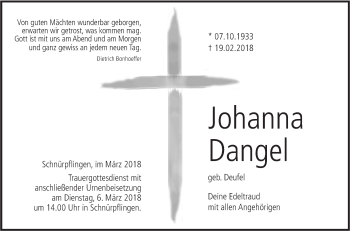 Traueranzeige von Johanna Dangel von SÜDWEST PRESSE Ausgabe Ulm/Neu-Ulm