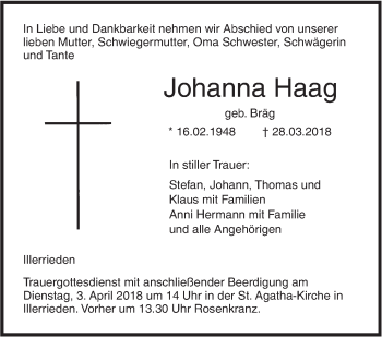 Traueranzeige von Johanna Haag von Illertal Bote