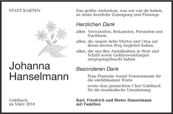 Traueranzeige von Johanna Hanselmann von Hohenloher Tagblatt