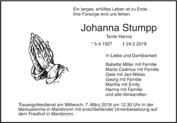 Traueranzeige von Johanna Stumpp von SÜDWEST PRESSE Ausgabe Ulm/Neu-Ulm