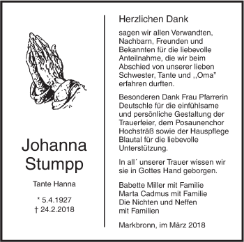 Traueranzeige von Johanna Stumpp von SÜDWEST PRESSE Ausgabe Ulm/Neu-Ulm